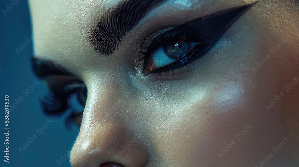 Fototapeta premium Close-up of a woman's face with dramatic, bold eyebrows, featuring dark color and sharp angles for a statement look