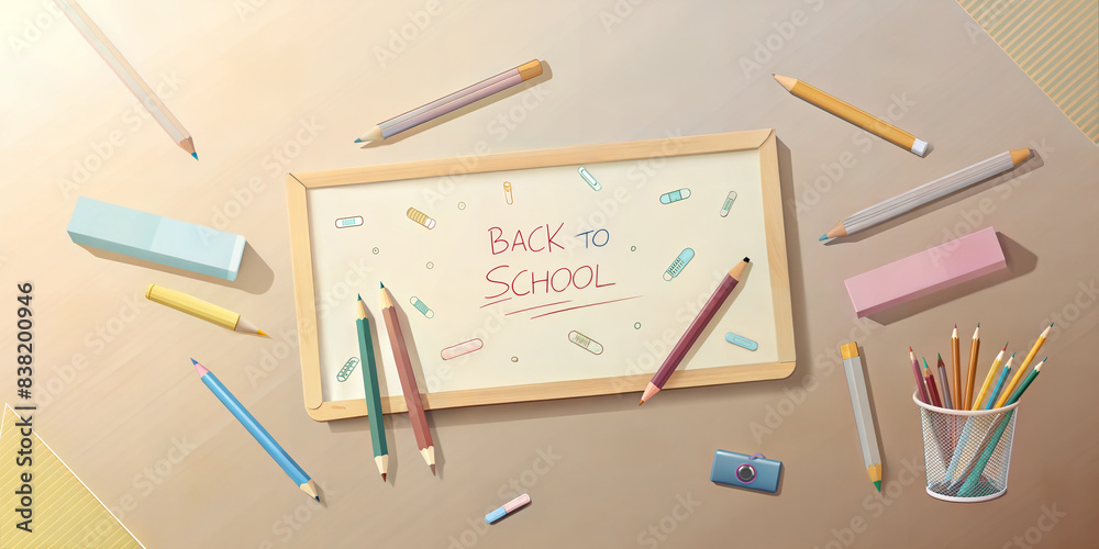 Flat lay of assorted school supplies on background in pastel colors featuring erasers, pencils, and note paper with central copy space Flat lay of assorted school supplies on background in pastel colors featuring erasers, pencils, and note paper with central copy space