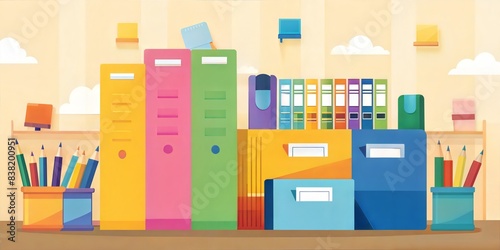 Array of vibrant school supplies, including binders, books, and pencils, neatly arranged on a wooden desk with a warm backdrop