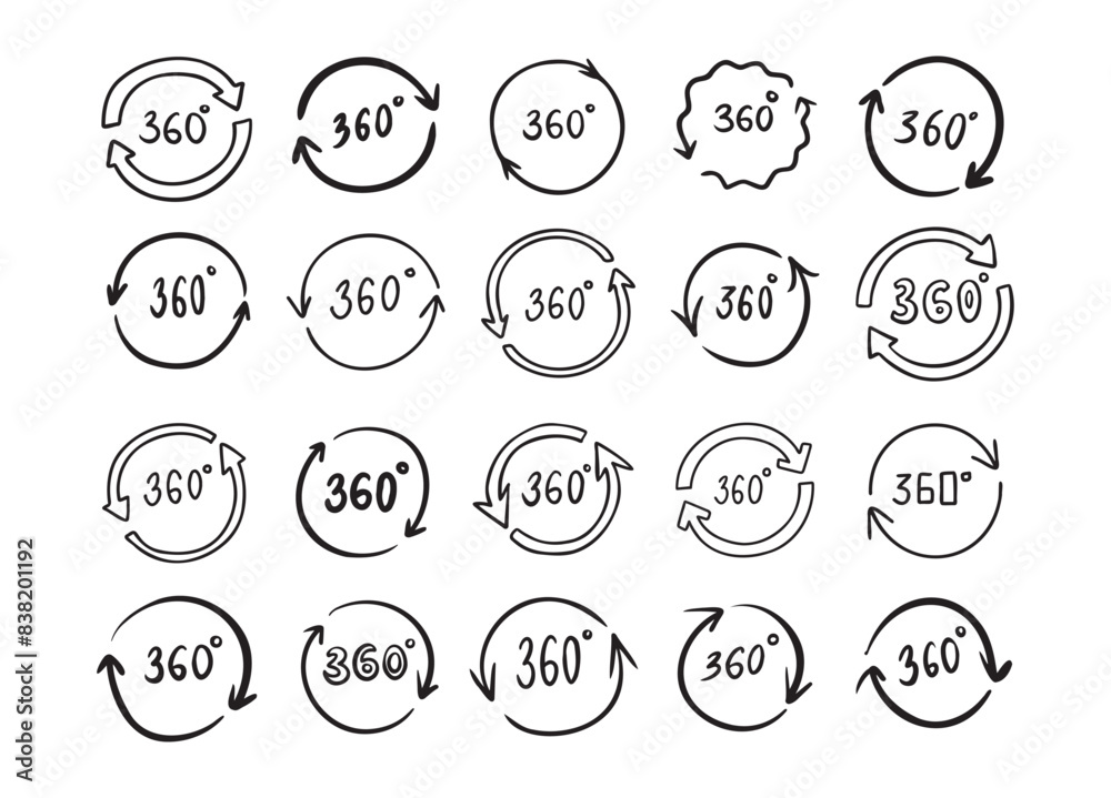 Doodle 360 degree. Hand drawn outline style set
