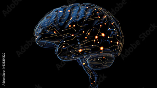 Photograph a stylized representation of a human brain with circuitry or digital elements integrated, symbolizing the concept of artificial intelligence and machine learning. This image combines biolog photo