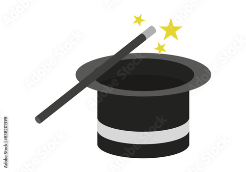 Sombrero de mago con varita mágica y estrellas.