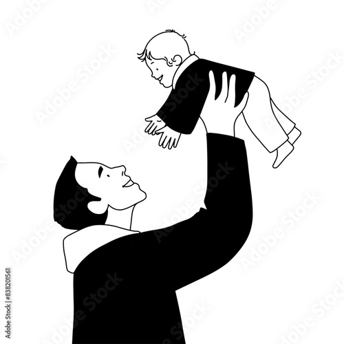 line illustration, father tossing son in the air. Vector illustration