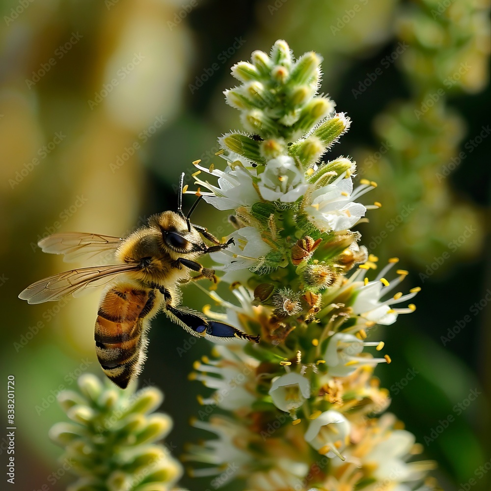 Bee pollinating the flowers of the crown of Christ plant Bee pollinating the flowers of the crown of Christ plant