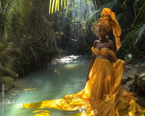 Graceful Oxum: Goddess of Fresh Waters in Golden Glow. Umbanda Brazilian Entity photo