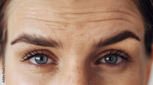 Close-up of a woman's forehead with visible lines and wrinkles, highlighting the effects of aging and the need for skincare