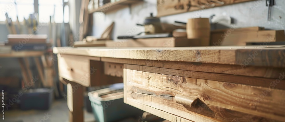 a small wooden table above a wooden workbench a small wooden table above a wooden workbench