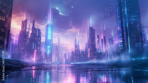 A futuristic city skyline aglow with neon lights and towering skyscrapers reflecting in a glassy river.
