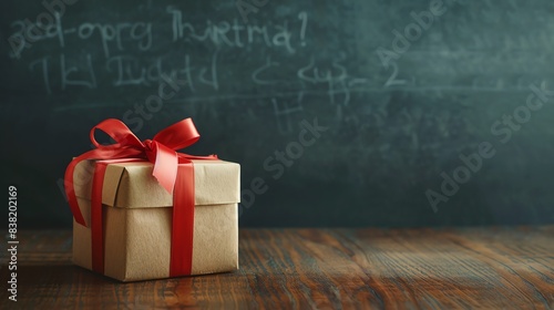 Gift box with a red bow placed on a wooden table, blackboard background with chalk writing, perfect for celebrations or educational themes.