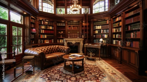 Luxurious Home Library with Floor-to-Ceiling Bookshelves and Elegant Leather Seating