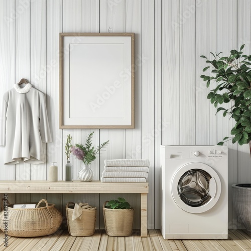 Modern Laundry Room Interior with White Washing Machine and Wooden Accents, frame mockup, 3d render, 3d illustrations.