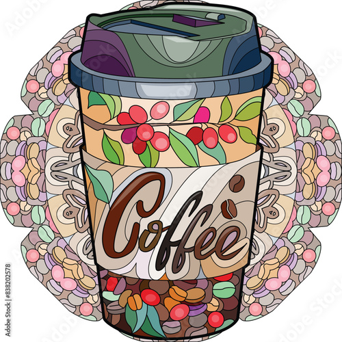 Cup of coffee beverage with abstract ornaments on mandala.