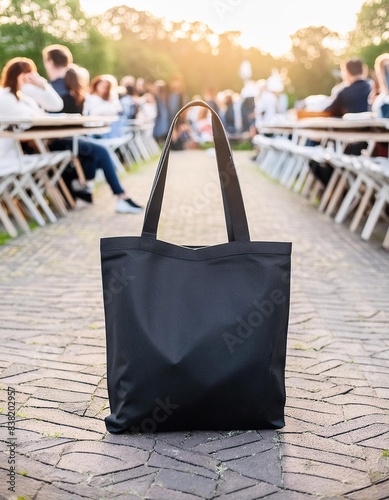 Black tot bag mockup positioning on the ground at a BBQ festival