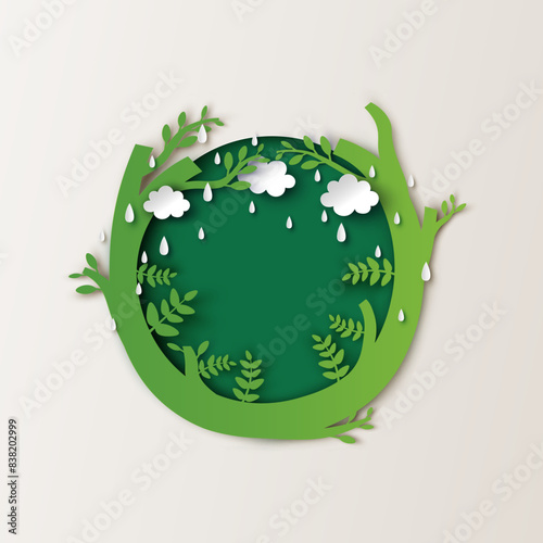 Circle tree frame with Spring season. Spring frame. paper cut and craft style. vector, illustration.