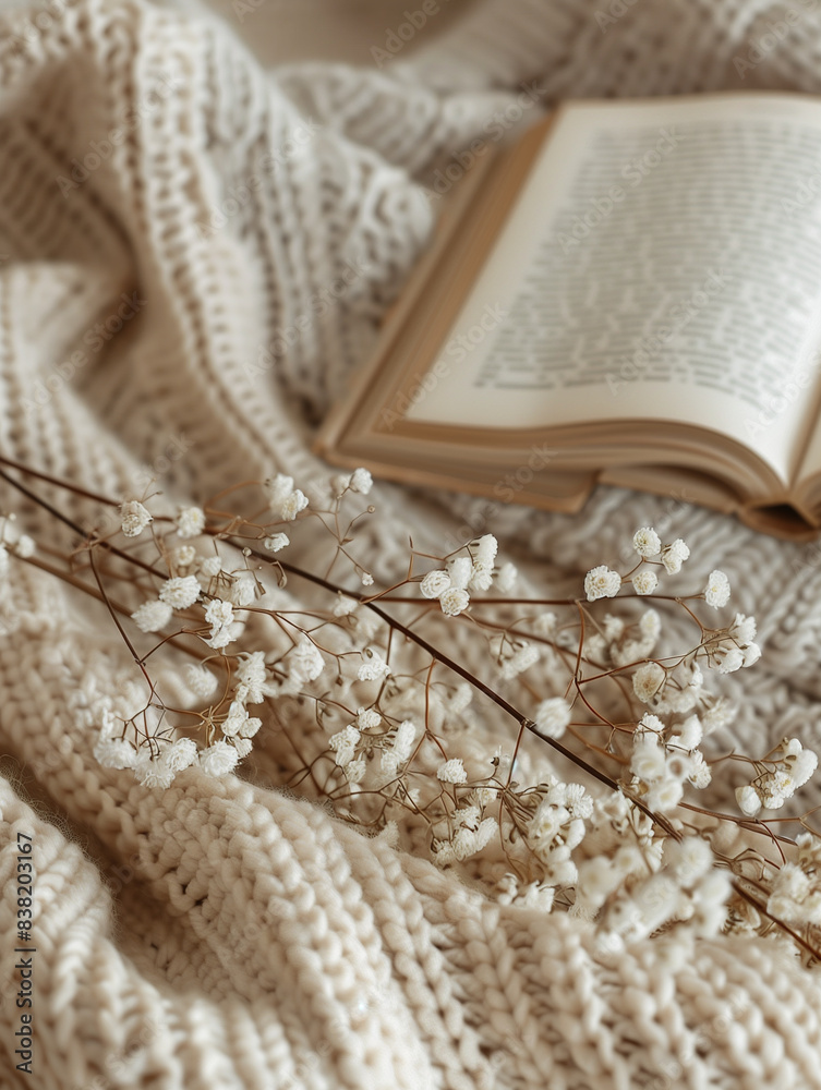 Cozy photo of a branch white flowers lying on an open book on a beige background, concept of coziness, home environment, warmth and comfort, calm, relax, background photo of white flowers and book Cozy photo of a branch white flowers lying on an open book on a beige background, concept of coziness, home environment, warmth and comfort, calm, relax, background photo of white flowers and book