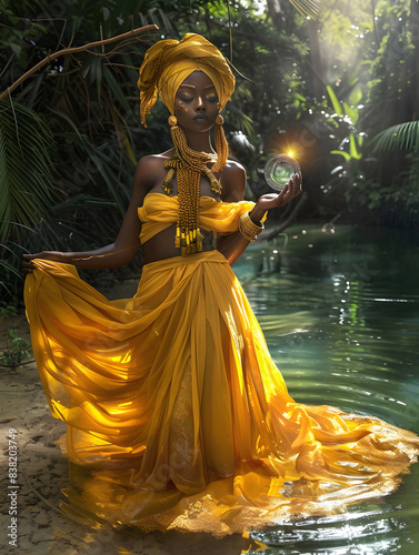 Graceful Oxum: Goddess of Fresh Waters in Golden Glow. Umbanda Brazilian Entity photo