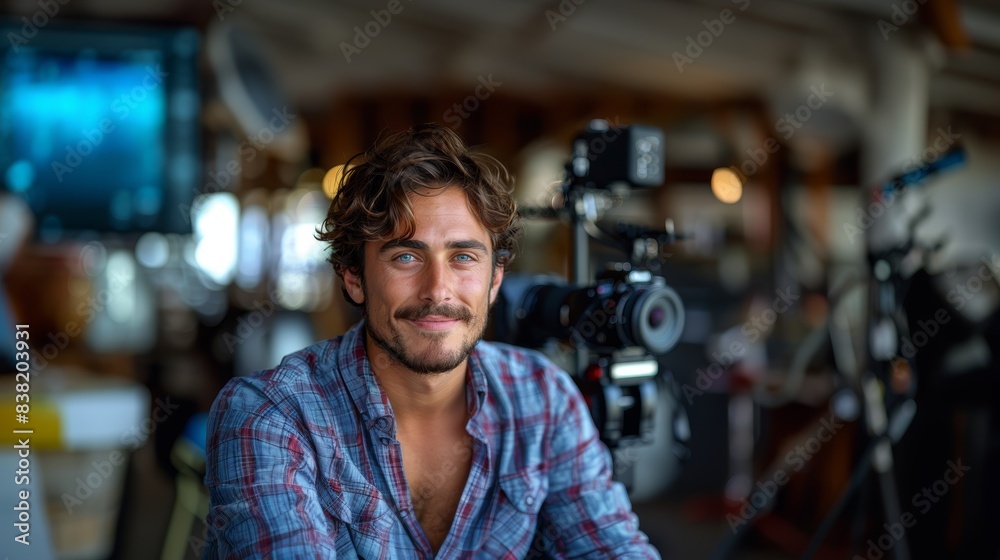 Young Man Smiling with Digital Camera in Indoor Studio Setting Young Man Smiling with Digital Camera in Indoor Studio Setting