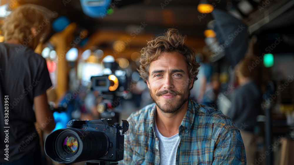 Young Man Smiling and Focusing with Digital Camera in a Busy Studio Environment Young Man Smiling and Focusing with Digital Camera in a Busy Studio Environment
