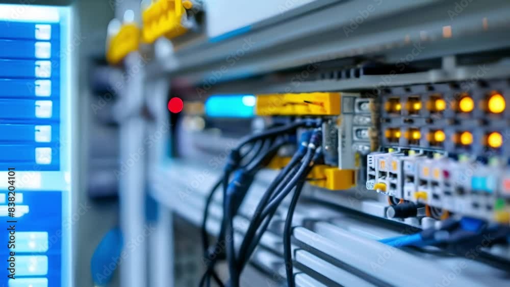 A close-up of a programmable logic controller PLC with cables connected to various inputs and outputs. LEDs indicate active operation A close-up of a programmable logic controller PLC with cables connected to various inputs and outputs. LEDs indicate active operation