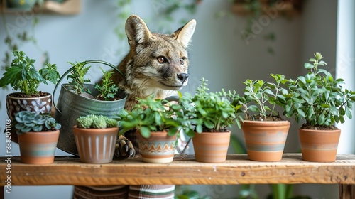 A jackal watering indoor plants, carrying a watering can and making sure each plant gets enough water to thrive. shiny, Minimal and Simple, photo
