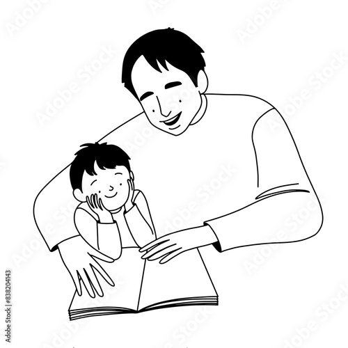 line illustration, father reading a book to his son. Vector illustration