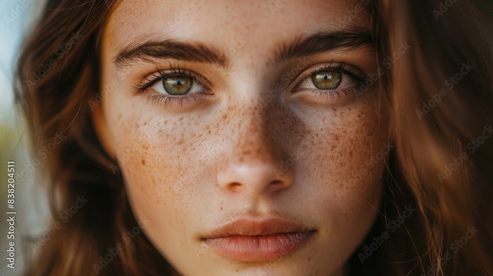 Close-up of a young woman's face with radiant skin, showcasing natural beauty and youthfulness Close-up of a young woman's face with radiant skin, showcasing natural beauty and youthfulness