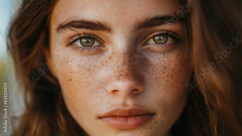 Close-up of a young woman's face with radiant skin, showcasing natural beauty and youthfulness photo