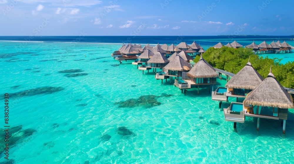 Serene Paradise: Luxury Overwater Bungalows at a Beach Resort with Pristine Sandy Beach and Crystal-Clear Waters