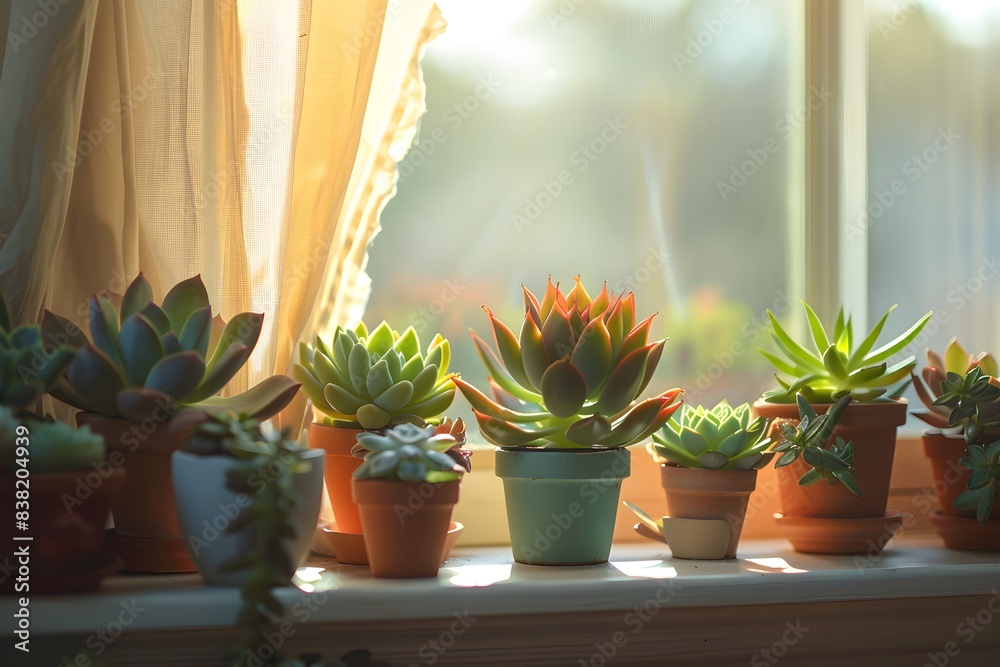 Vibrant Succulent Plants in Pots on a Window Sill with Sunlight Vibrant Succulent Plants in Pots on a Window Sill with Sunlight