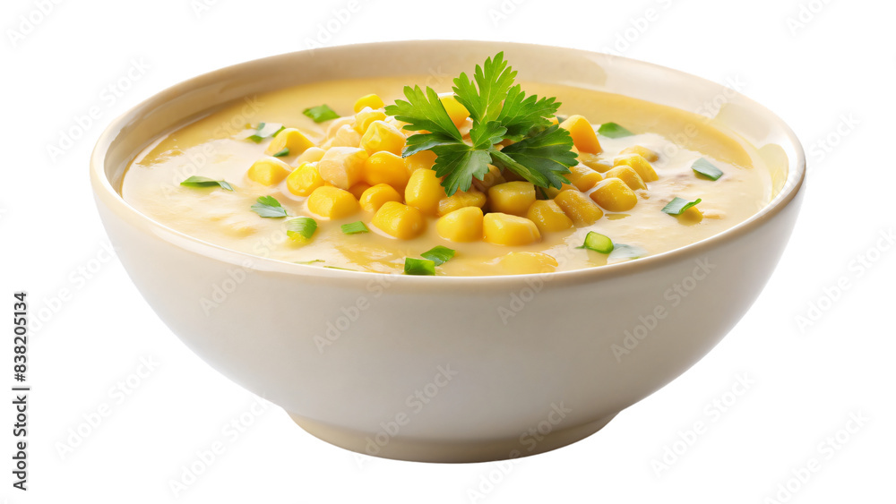 Steaming bowl of corn soup for a comforting lunch Steaming bowl of corn soup for a comforting lunch