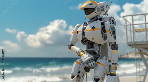 A futuristic robotic lifeguard patrolling the shoreline, equipped with advanced sensors and AI algorithms to ensure beach safety.