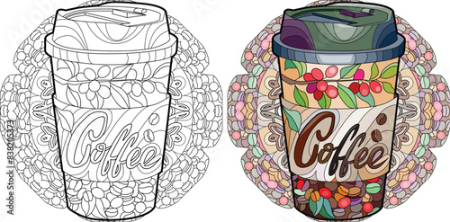 Cup of coffee beverage with abstract ornaments on mandala for coloring