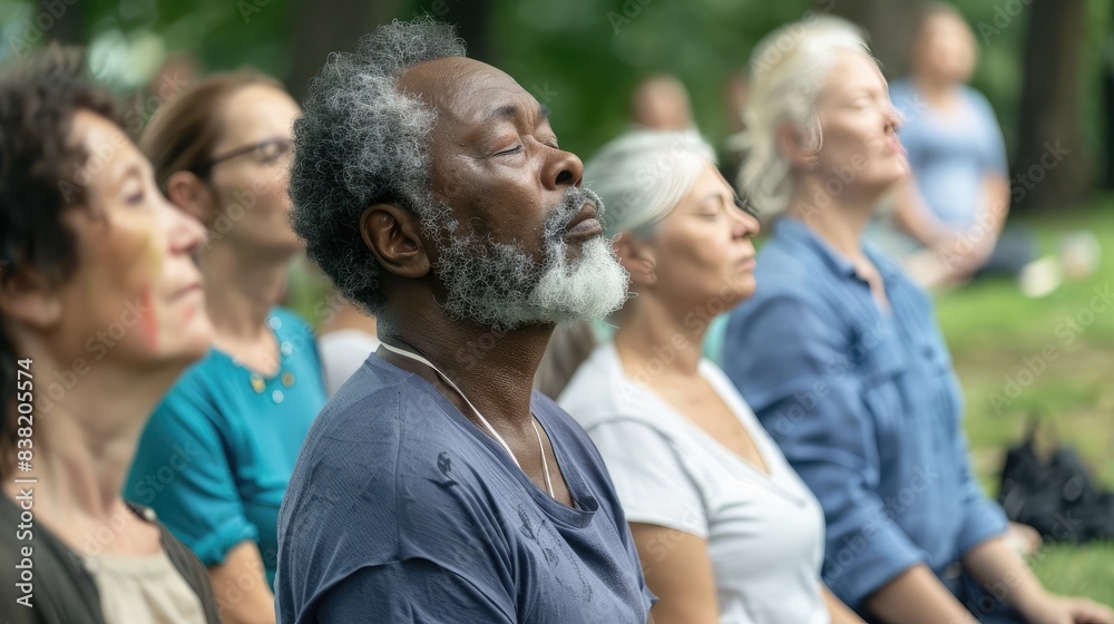 Fototapeta premium Diverse group of middle-aged individuals in a park, engaged in a yoga class breathing exercise, with peaceful expressions and a calm atmosphere