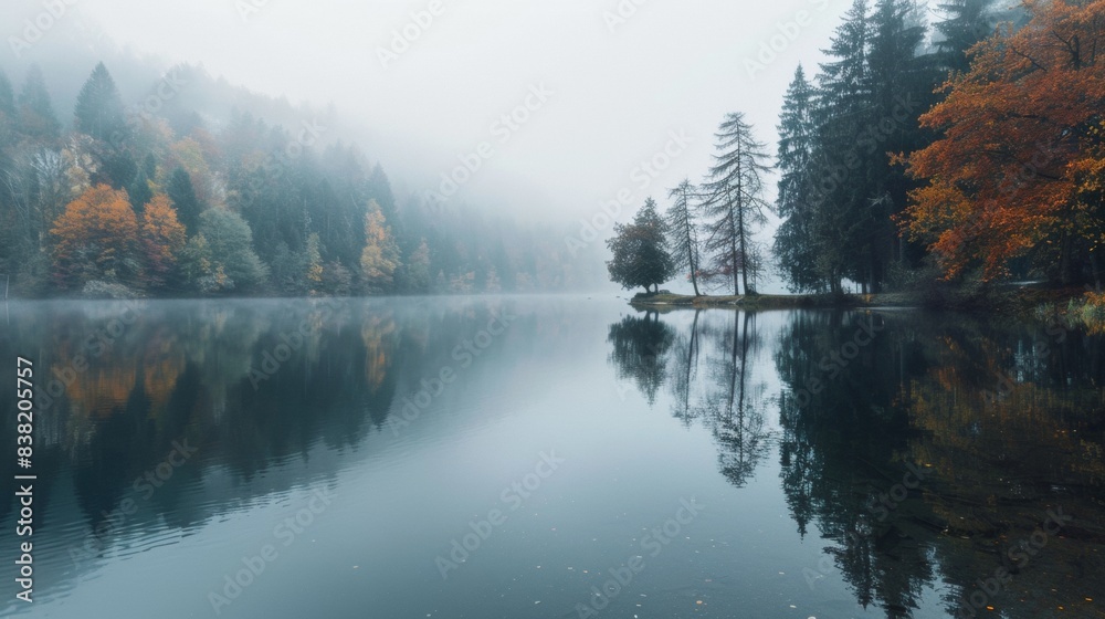 Misty lake with autumn trees and reflections Misty lake with autumn trees and reflections