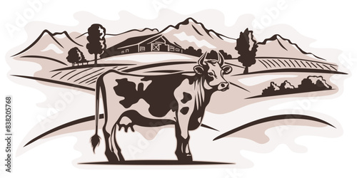 Sketch of a cow grazing in a meadow, on the background of a rural landscape, vector illustration