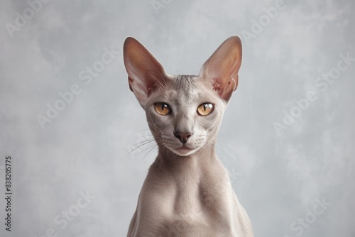 Portrait of a smiling oriental shorthair cat over minimalist or empty room background