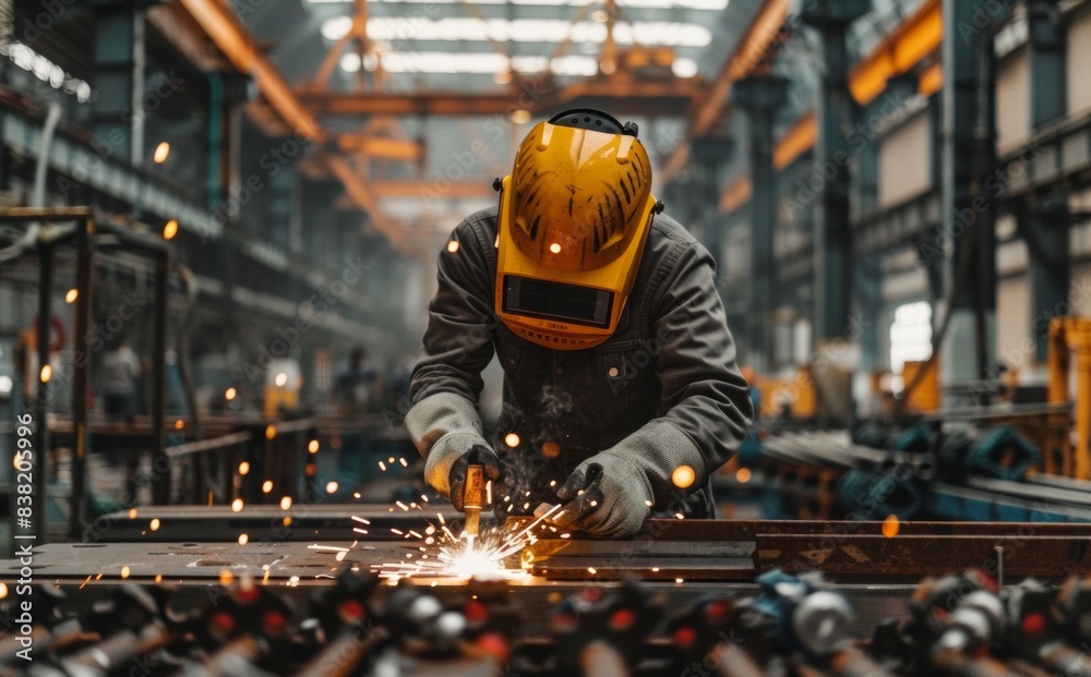 Worker in uniform and protective masks welds the structure on the construction, AI generated Worker in uniform and protective masks welds the structure on the construction, AI generated