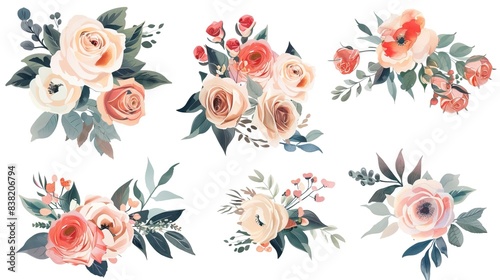 Beautiful romantic flower collection with roses  leaves  floral bouquets  flower compositions