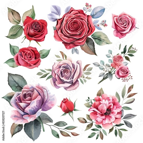 Beautiful romantic flower collection with roses, leaves, floral bouquets, flower compositions