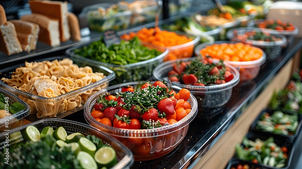 Fototapeta premium An appetizing display of healthy school meals in a cafeteria setting, including fresh salads, sandwiches, and fruit cups, a clear header at the top for catchy slogans or meal plan details 