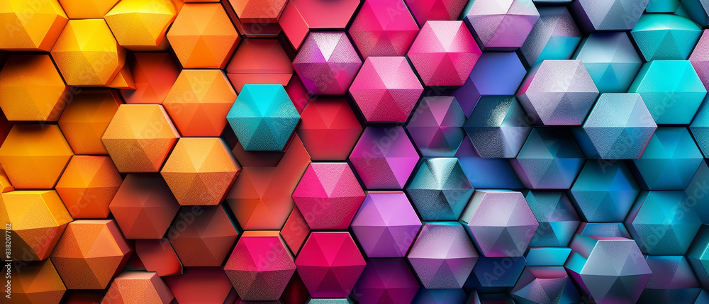 Vibrant geometric hexagonal pattern in gradient colors, seamlessly merging warm and cool tones for a visually stunning abstract background. Vibrant geometric hexagonal pattern in gradient colors, seamlessly merging warm and cool tones for a visually stunning abstract background.