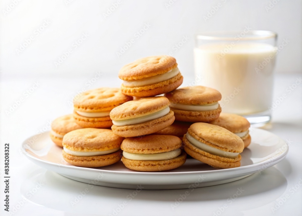 Baked biscuits filled with creamy milk center on white background, Biscuits, stuffed, milk cream, isolated, dessert, treat, snack, indulgent, sweet, delicious, pastry, confectionery