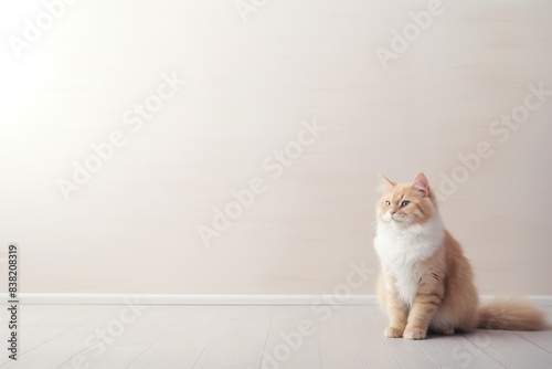 Portrait of a happy cymric cat isolated on minimalist or empty room background