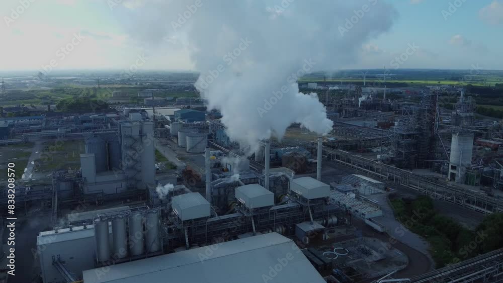 Drone 50fps. Cooling towers, smoke, steam at an oil refinery. Filmed Yorkshire. UK Drone 50fps. Cooling towers, smoke, steam at an oil refinery. Filmed Yorkshire. UK