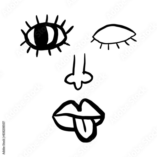 Funny face with one eye closed and tongue sticking out, doodles, vector illustration, naive line art