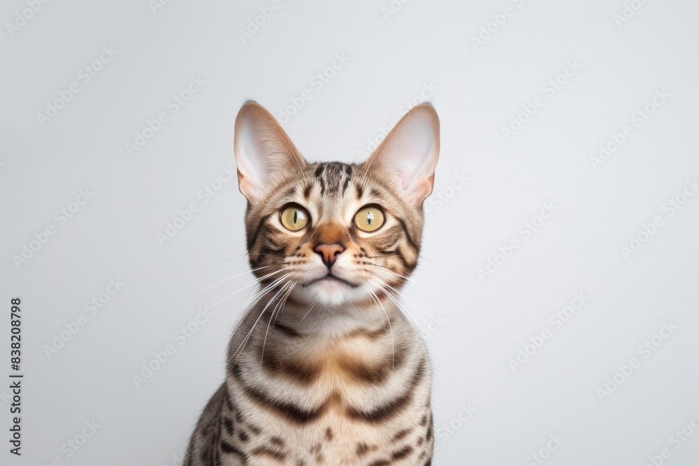 Portrait of a smiling ocicat cat over minimalist or empty room background Portrait of a smiling ocicat cat over minimalist or empty room background