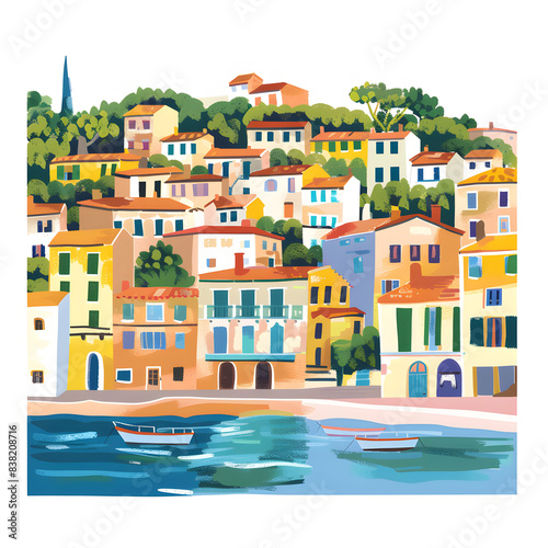 town of sanary sur mer colorful waterfront view from the hill isolated on white background, simple style, png photo
