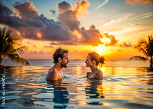 Woman and man having a romantic moment in a pool at sunset in a Caribbean resort   vacation  romance  fling  flirt  hotel  paradise  holiday  travel problem  cheating  infidelity  conflict