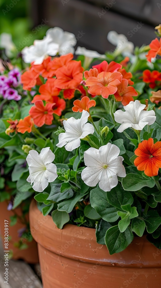 Beautiful potted flowers, petunias and other colorful blossoms in an orange hanging pot