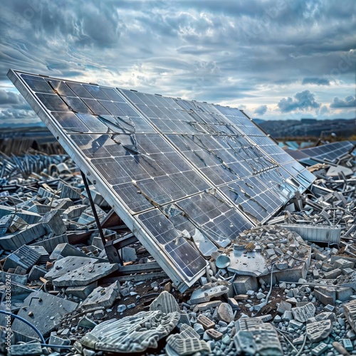 Aftermath of disaster with toppled solar panel array amidst rubble, highlighting fragility and environmental themes.